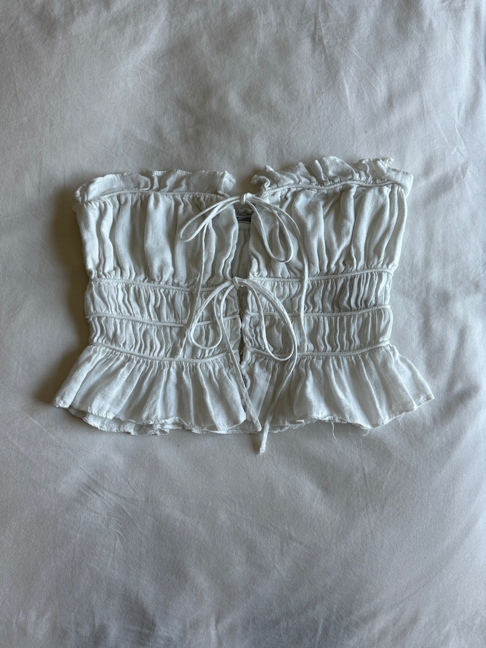 Smocked Ruffle Tie-Front Bandeau Top β White